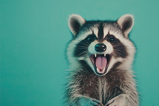 The raccoon is poohing. on a plain colored background. studio shot. very open mouth. close up. real photo.