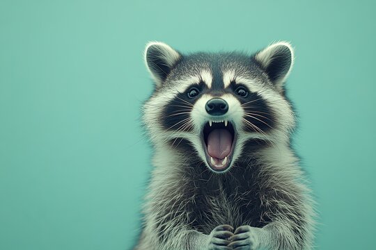 The raccoon is poohing. on a plain colored background. studio shot. very open mouth. close up. real photo.