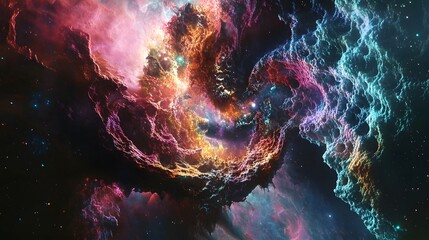 Aufkleber - Mesmerizing Cosmic Explosion of Vibrant Swirling Colors and Lights in a Surreal Fractal Space Scene  Captivating abstract digital art with a powerful