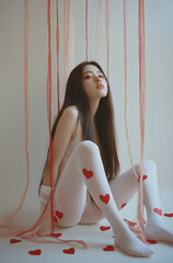 Wall Mural - A full-body photo of an Asian woman wearing white tights and red hearts around her, sitting on the floor with long ribbons hanging from above, against a white background.