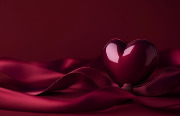 Wall Mural - Burgundy-themed photo of a heart with a ribbon.Minimal creative Valrntine's holiday concept.Copy space,flat lay 