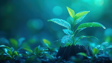 Wall Mural - Lush sprout emerging from stump, glowing forest backdrop