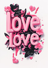 Wall Mural - Pink text 'LOVE' on a white background, the word made in a plasticine-like style, in a pink and black color palette, with a Valentine's Day poster aesthetic.