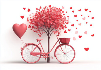 Wall Mural - Valentine's Day, a red heart-shaped tree, and a bicycle with balloon clipart on a transparent background.