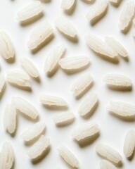 Wall Mural - Close up view of numerous small, white rice grains scattered on a bright white background. The grains are oblong and appear uncooked or lightly