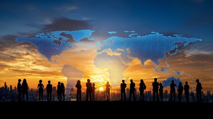 Poster - silhouetted figures of diverse people stand against a cityscape at sunset, with a glowing digital wo