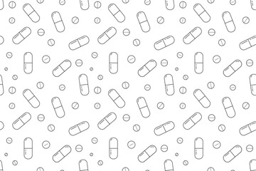 medical pills seamless pattern. outline pills background. pills and capsules pattern in black and wh