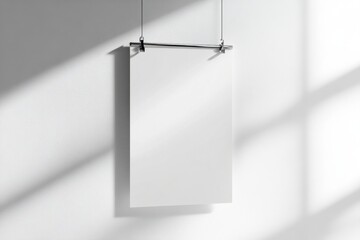 Poster - Minimalist blank poster mockup hanging from a metallic clip on a crisp white wall with soft shadows