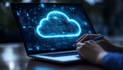 Aufkleber - person using laptop with glowing cloud computing graphic on screen.