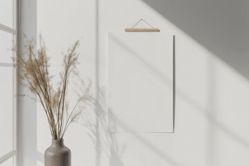 Poster - Modern mockup of an empty A4 poster displayed with elegance on a white wall, complemented by delicate vase and natural light