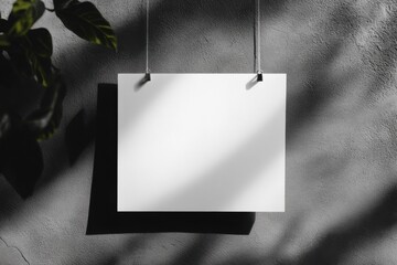 Poster - Minimalist elegance of a blank card hanging against a serene matte gray wall under soft sunlight