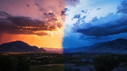 Sticker - Stunning sunset mountain view split by stormy and clear skies with artistic street elements