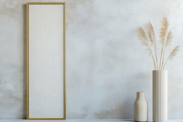 Poster - Elegant golden vertical frame offers a minimalist canvas for creative expression against a soft gray backdrop
