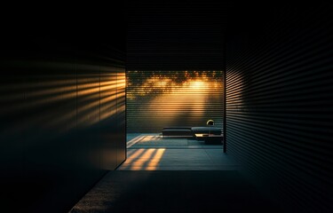 Poster - Sunset light streams through a modern architectural space, illuminating a dark, minimalist interior with sleek lines and textures. The warm glow