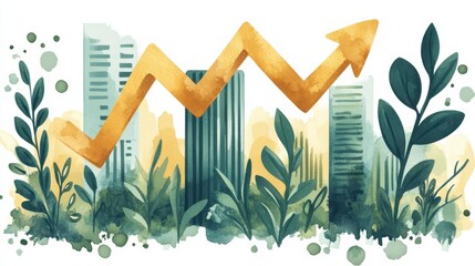 Poster - A gold arrow points upward, positioned above a stylized cityscape with green foliage. The watercolor effect evokes growth and environmental