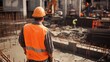 © Jorda - An intimate view of a construction site supervisor in reflective gear, overseeing concrete pouring for a foundation, Foundation construction scene