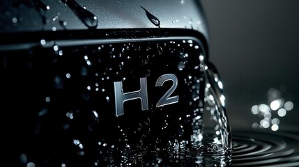 Poster - close up view of water droplets on a dark, metallic surface with a marking. the image features dark 