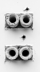 Wall Mural - Close up view of two pairs of weathered, cylindrical holes in a white wall, possibly part of an old electrical conduit or similar infrastructure. The