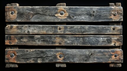 Fototapete - A rustic, weathered wooden pallet with visible cracks and nails on a black background 
