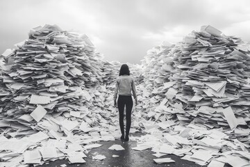 Wall Mural - Person walking away from a pile of shredded business documents symbolizing the end of a failed enterprise