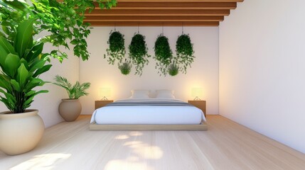 Sticker - Tranquil Modern Bedroom with Indoor Plants and Natural Light