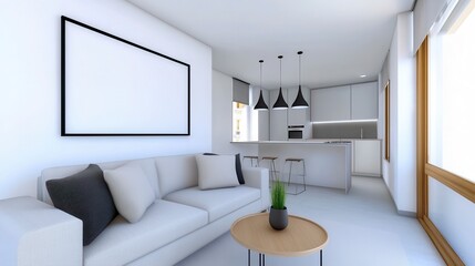 Sticker - Modern Minimalist Living Room with Bright Kitchen and Cozy Decor