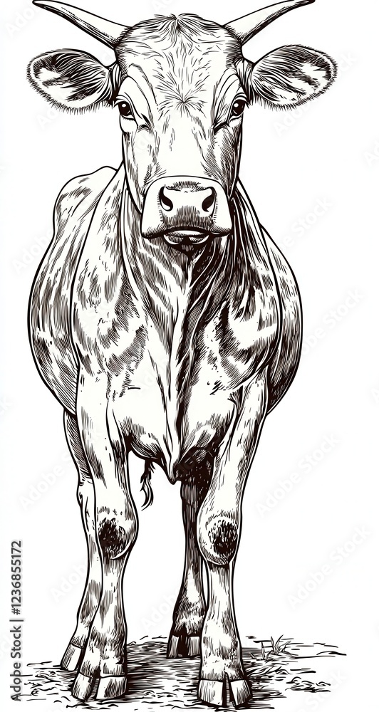 Black and white line drawing of a cow standing against a plain ...