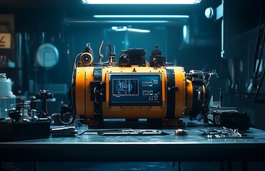 Poster - Futuristic orange cylindrical device with a screen displaying technical diagrams, sits on a dark lab table amongst various tools and equipment.