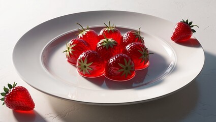 Colorful jelly strawberries arranged on a white plate with fresh strawberries nearby