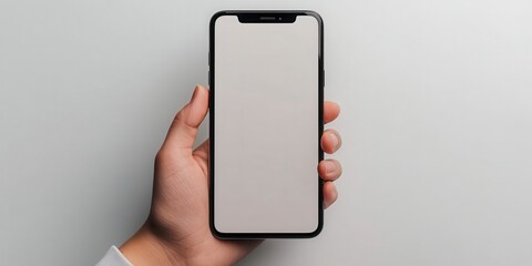 Poster - a hand holds a smartphone with a blank white screen against a light gray background. the image is cl