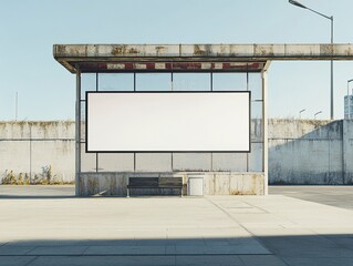 Poster - A blank white billboard in the city bus stop on an empty street with glass windows and a concrete floor, a mockup template stock photo, high resolution.