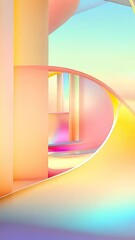 Aufkleber - Glass abstract cube stage glowing with holographic, iridescent colors against soft pastel geometric.  background video vertical