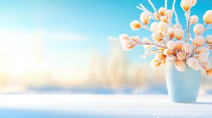 Wall Mural - Frosty flowers in vase, winter scene, snowy background, greeting card