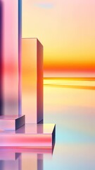Aufkleber - Glass abstract cube stage glowing with holographic, iridescent colors against soft pastel geometric.  background video vertical