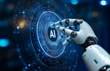Poster - Robotic hand activating AI interface.