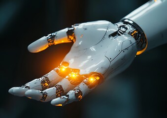 Poster - Close-up of a futuristic robotic hand with glowing orange joints, palm open in a gesture of offering or interaction against a dark background.
