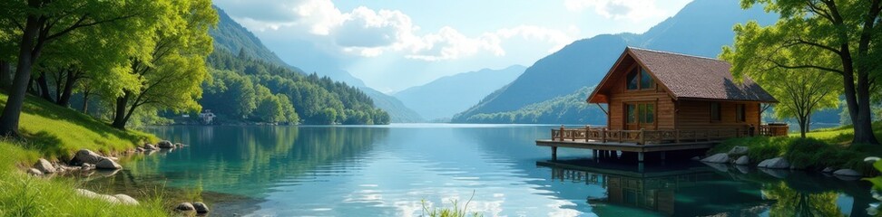 Wall Mural - child's lake house vacation photo, capturing serene lake view , picturesque, travel