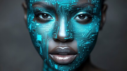 Poster - close up portrait of a woman with a face digitally painted with a cyan circuit board pattern. the im