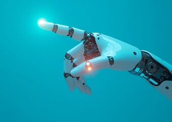 Poster - Futuristic robotic hand gesturing against a teal background.
