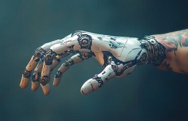 Poster - Close-up of a robotic hand with intricate mechanical details, attached to a tattooed arm against a dark background.