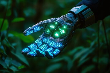 Poster - Unique robotic hand illuminated by blue lights in a lush green environment
