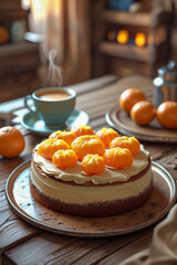 Poster - Tangerine cake with tangerines and cup of coffee on wooden table, teaspoon next to it