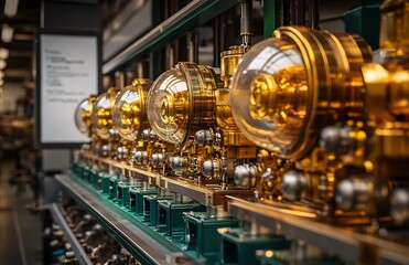 Poster - Close-up of gold-toned intricate machinery in a row, showcasing precision engineering and industrial technology.