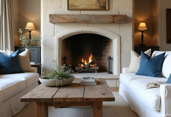 Wall Mural - Rustic aged coffee table near white sofa with blue and beige pillows against fireplace in stone cladding wall. Mediterranean style home interior design of modern living room