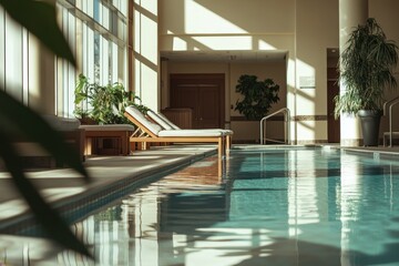 Poster - Relaxation area with a serene indoor pool surrounded by lush greenery