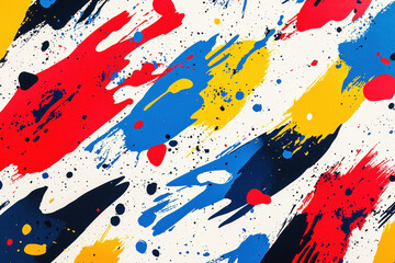 Poster - Bold abstract paint splashes in vibrant red, blue, and yellow tones on white background create a dynamic artistic expression
