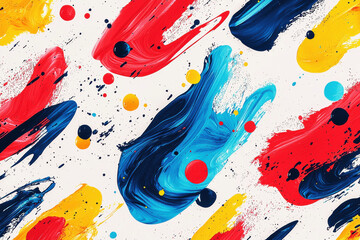 Poster - Vibrant abstract paint splashes create a dynamic pattern in red, blue, and yellow on a bright white background