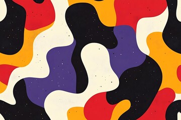 Poster - Abstract seamless pattern with vibrant, wavy shapes in red, yellow, purple, black, and off-white.