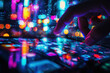 © whitestorm - Close-up of a hand swiping through social media while vibrant city lights create a dynamic backdrop at night