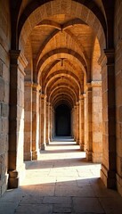  Narrow corridor lined with large stone pillars, pillars, archway